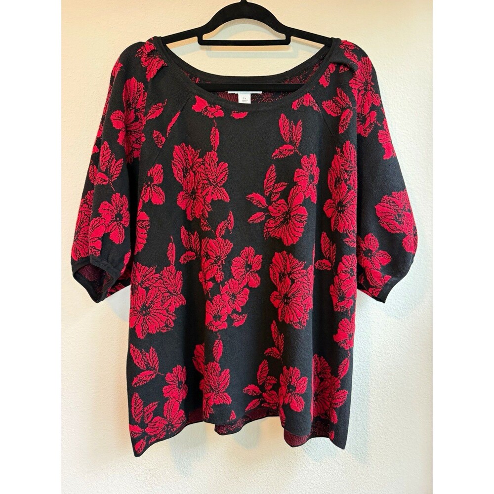 Liz Claiborne Women's 2X Plus Black Red Floral Knit Round Neck Pullover Top